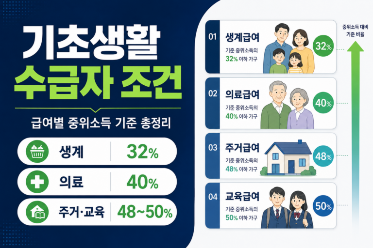 기초생활수급자 급여별 조건과 2026년 중위소득 기준을 안내하는 인포그래픽 썸네일