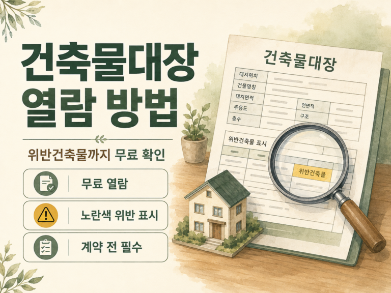 건축물대장 열람 방법과 위반건축물 노란색 표시 확인법을 안내하는 인포그래픽 썸네일