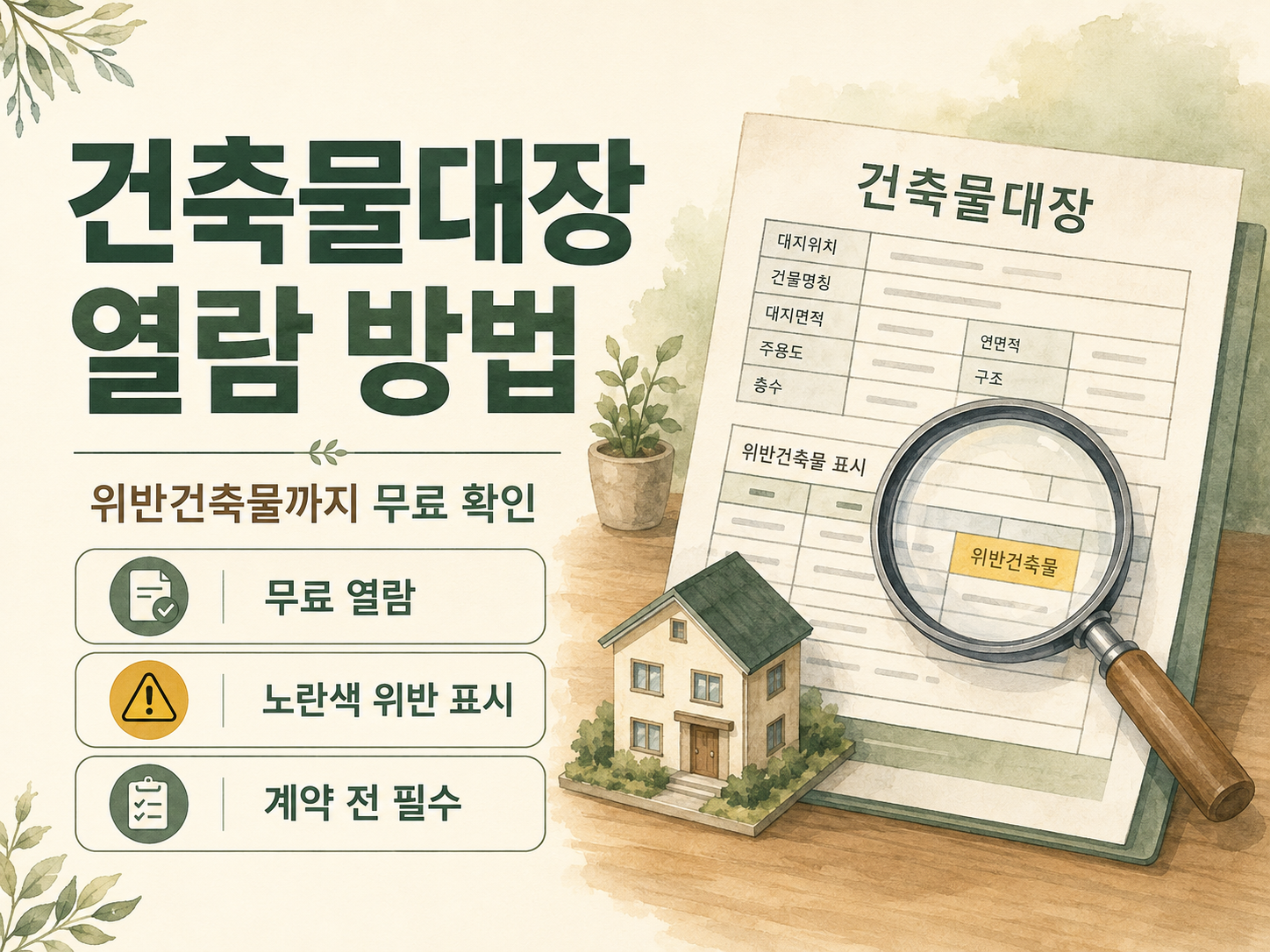 건축물대장 열람 방법과 위반건축물 노란색 표시 확인법을 안내하는 인포그래픽 썸네일