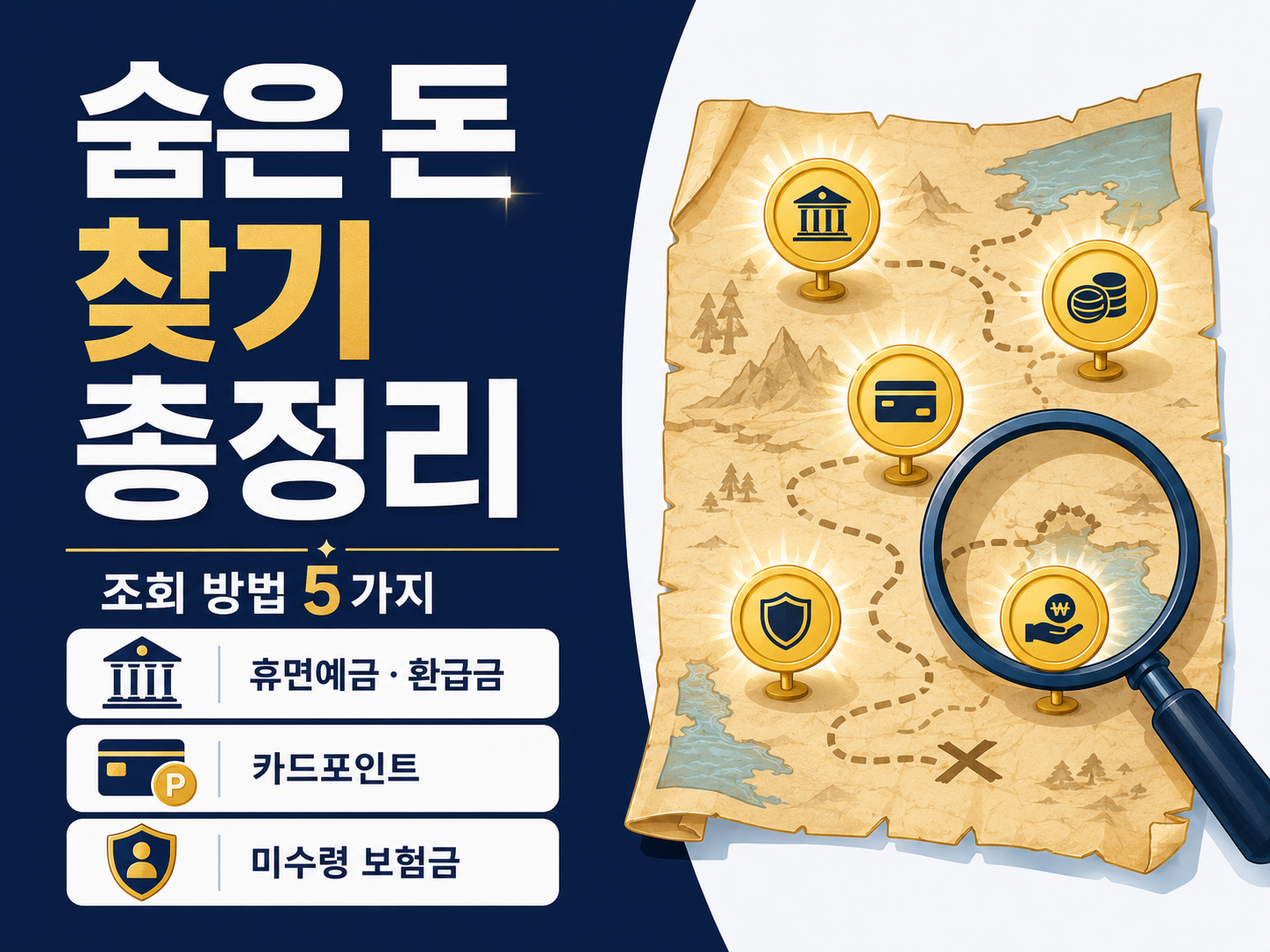 휴면예금 환급금 보험금 등 숨은 돈 조회 방법 5가지를 안내하는 인포그래픽 썸네일