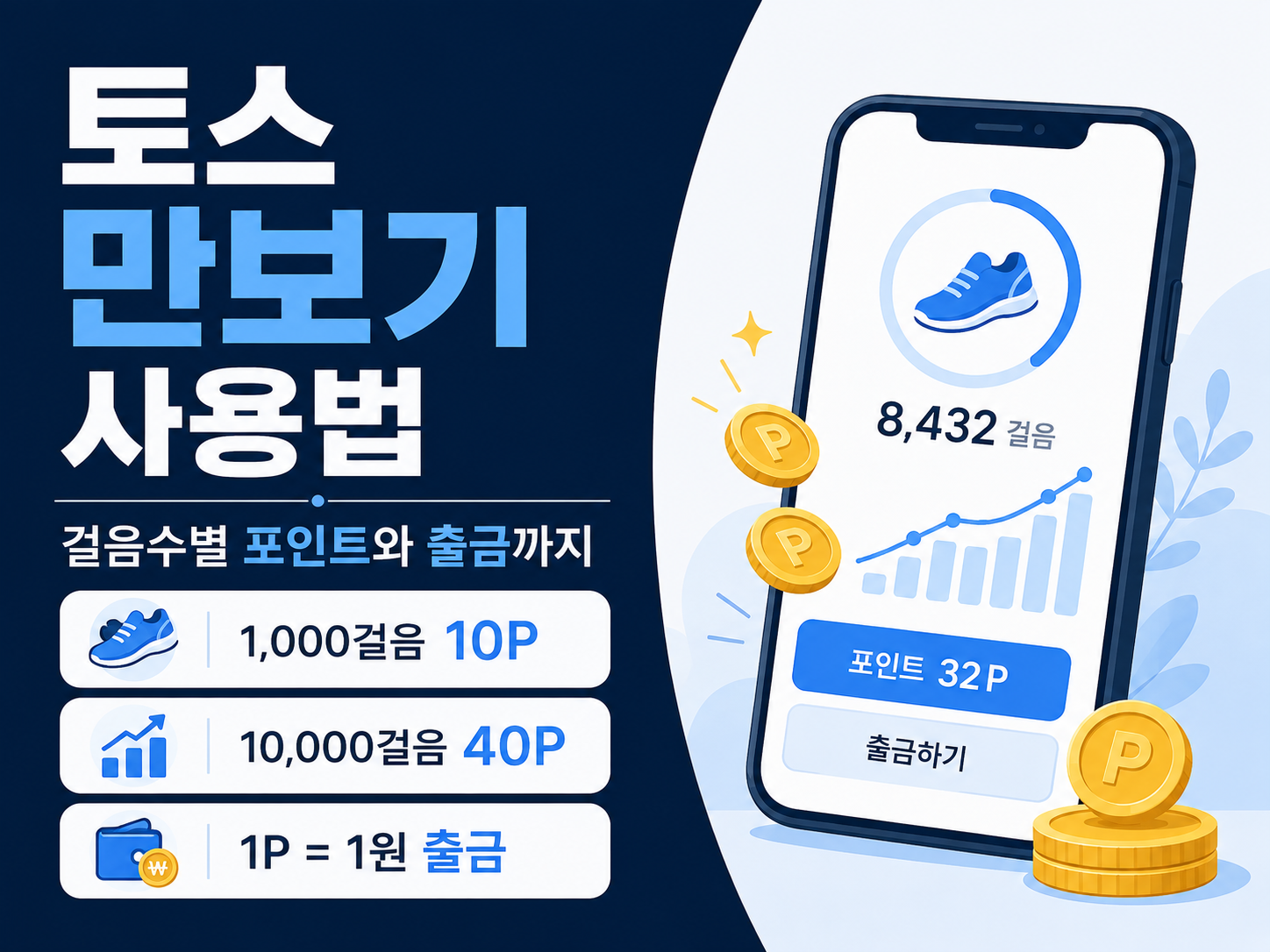 토스 만보기 걸음수별 포인트 구조와 출금 방법을 안내하는 인포그래픽 썸네일