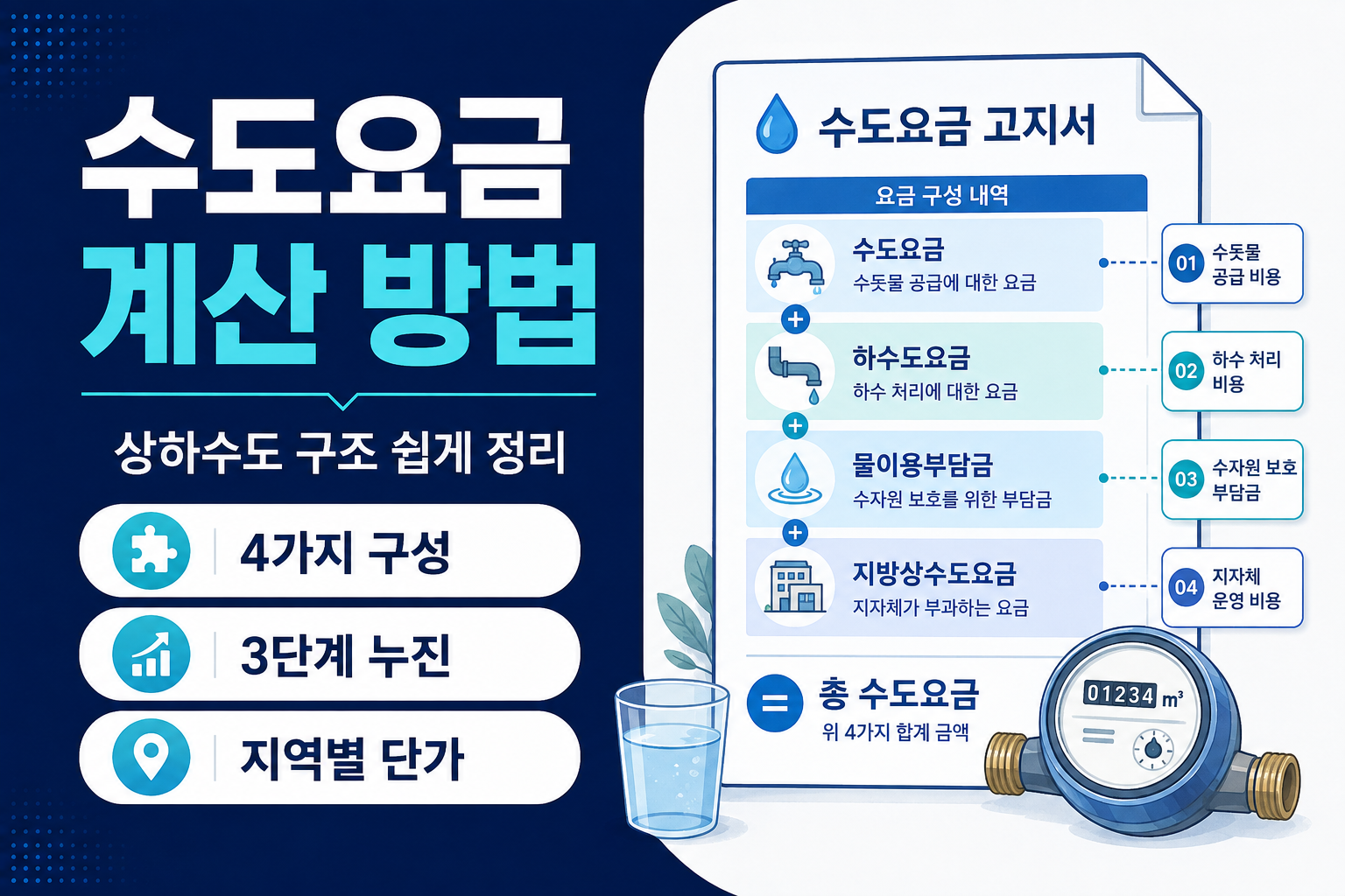 수도요금 계산 공식과 상하수도 요금 구조를 안내하는 인포그래픽 썸네일